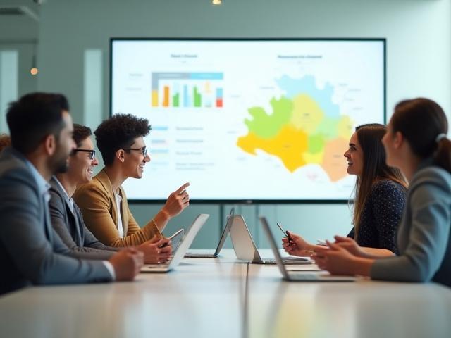 Equipo de Pinta Fuerza discutiendo estrategias en una sala de reuniones con entusiasmo.