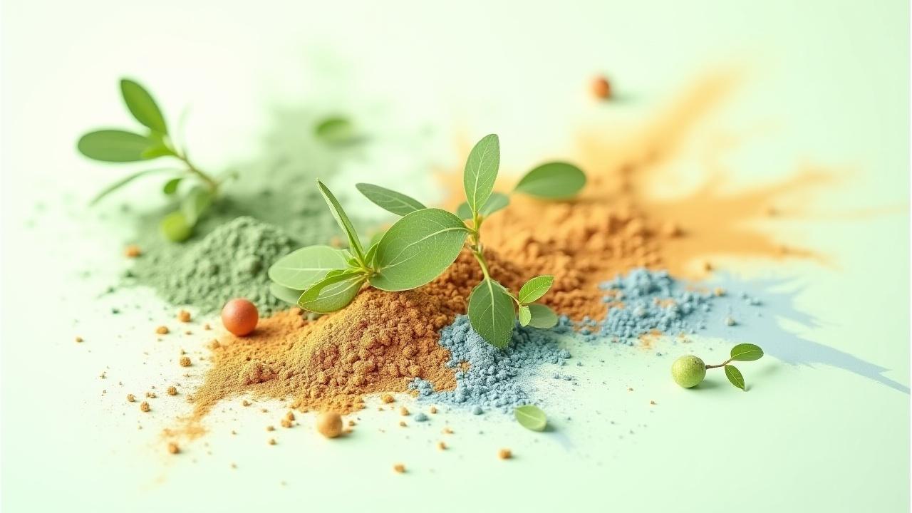 Textura estilizada de pigmentos en polvo con hojas verdes entrelazadas, representando la síntesis de naturaleza y color ecológico.